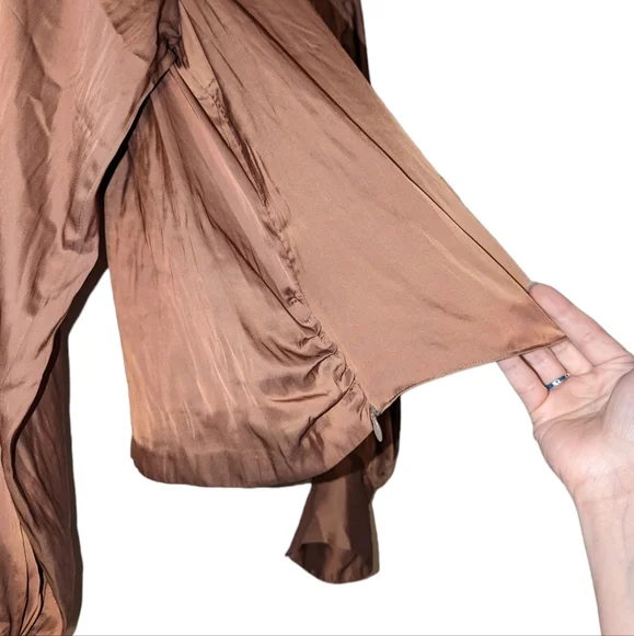 Frame Denim Satin Balloon Long Sleeve Wrap Front Blouson V-Neck Blouse Bronze XL - Picture 12 of 13